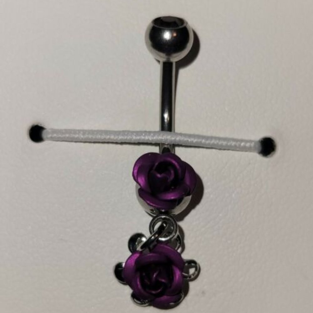 Double Metal Rose (NSQ-0292) Belly Button Navel Ring w/ Gem Ball - Purple